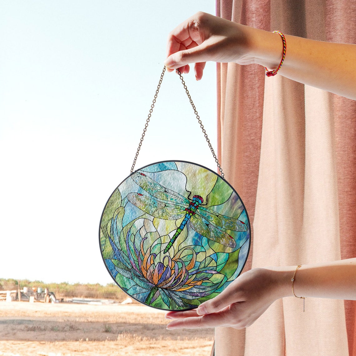 Dragonfly and Lotus Stained Glass Suncatcher – Nature Window Hanging Art