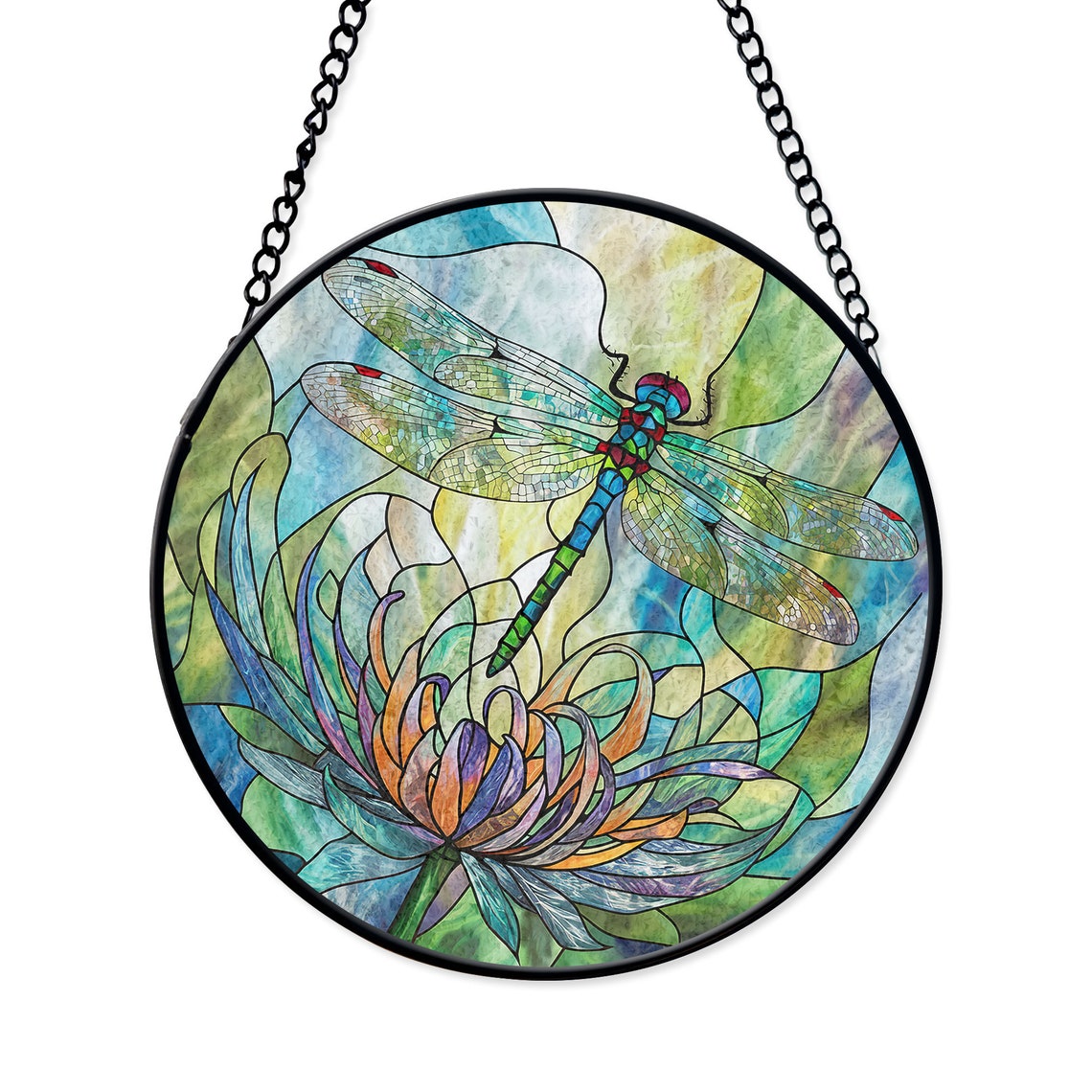 Dragonfly and Lotus Stained Glass Suncatcher – Nature Window Hanging Art