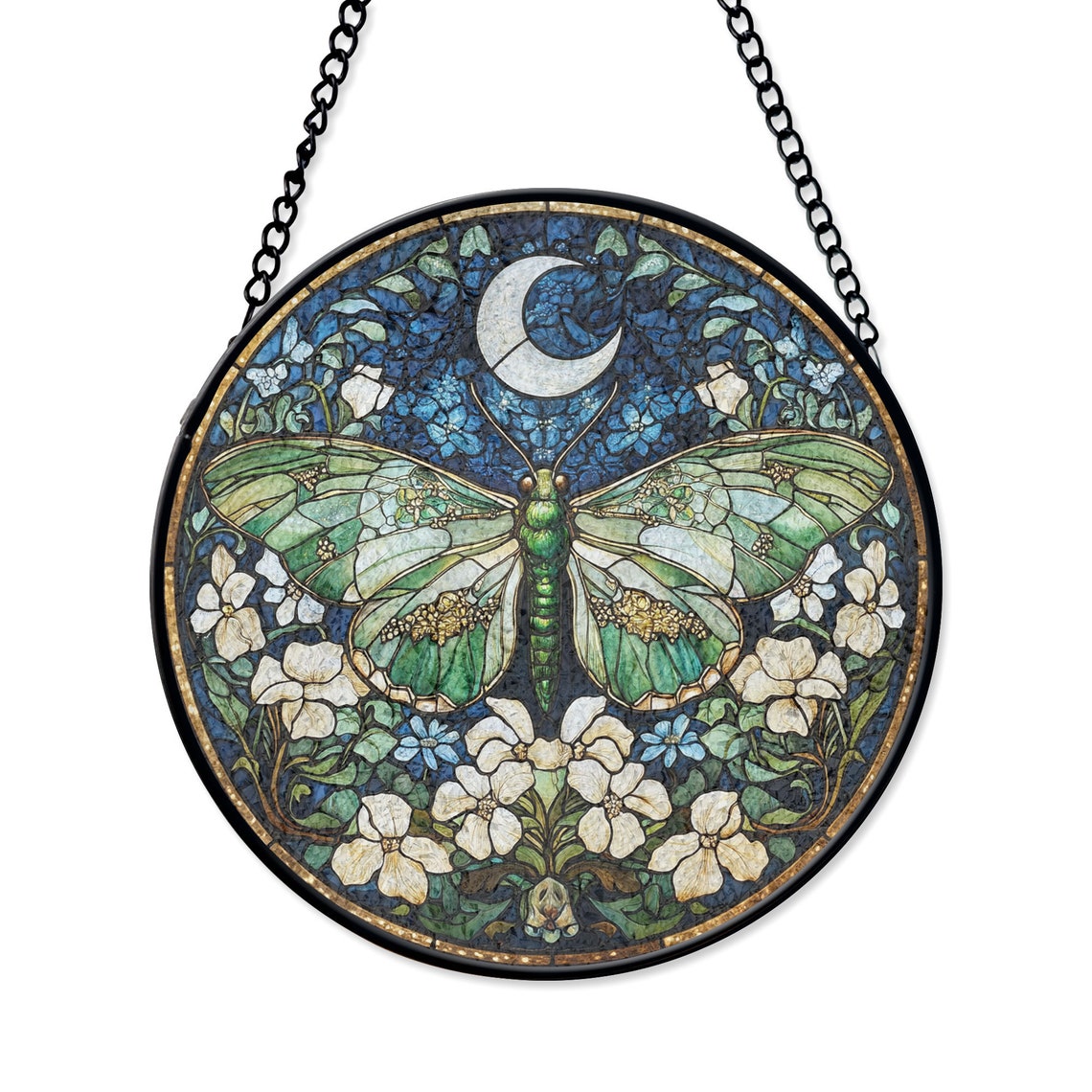 Luna Moth Stained Glass Suncatcher – Celestial Moon Garden Window Art