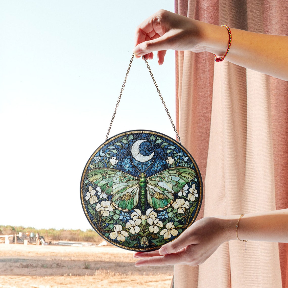 Luna Moth Stained Glass Suncatcher – Celestial Moon Garden Window Art