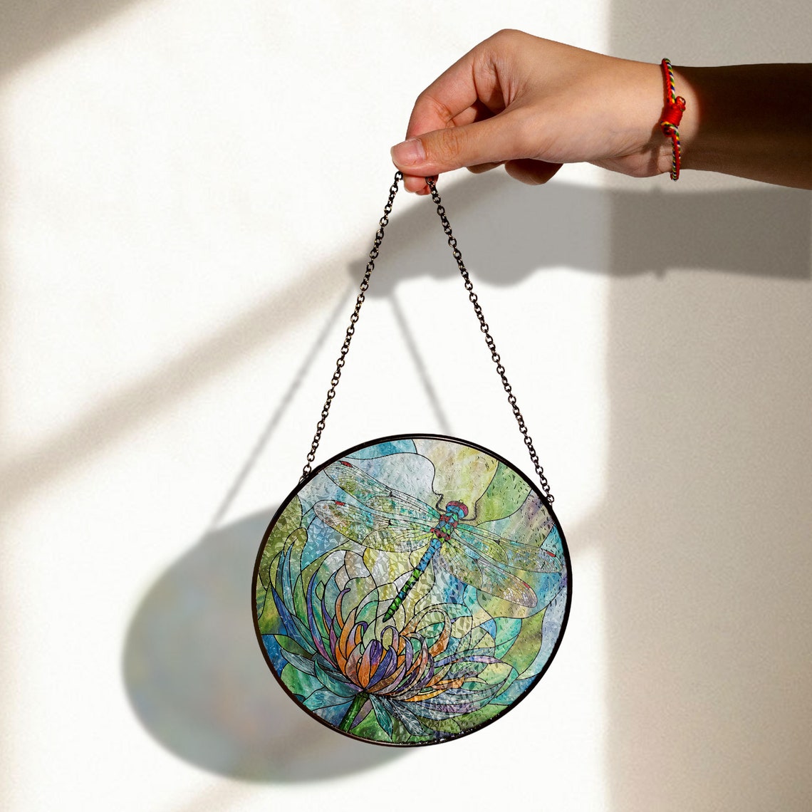 Dragonfly and Lotus Stained Glass Suncatcher – Nature Window Hanging Art