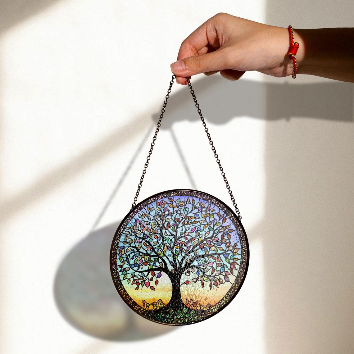 Tree of Life Stained Glass Window Hanging – Multicolored Leaves & Sunset