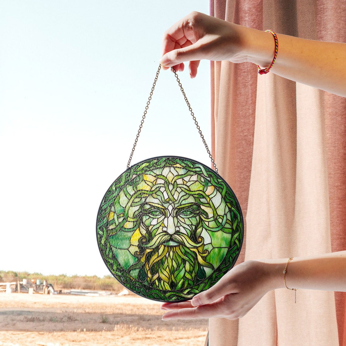 Green Man Stained Glass Suncatcher – Celtic Nature-Inspired Window Decor