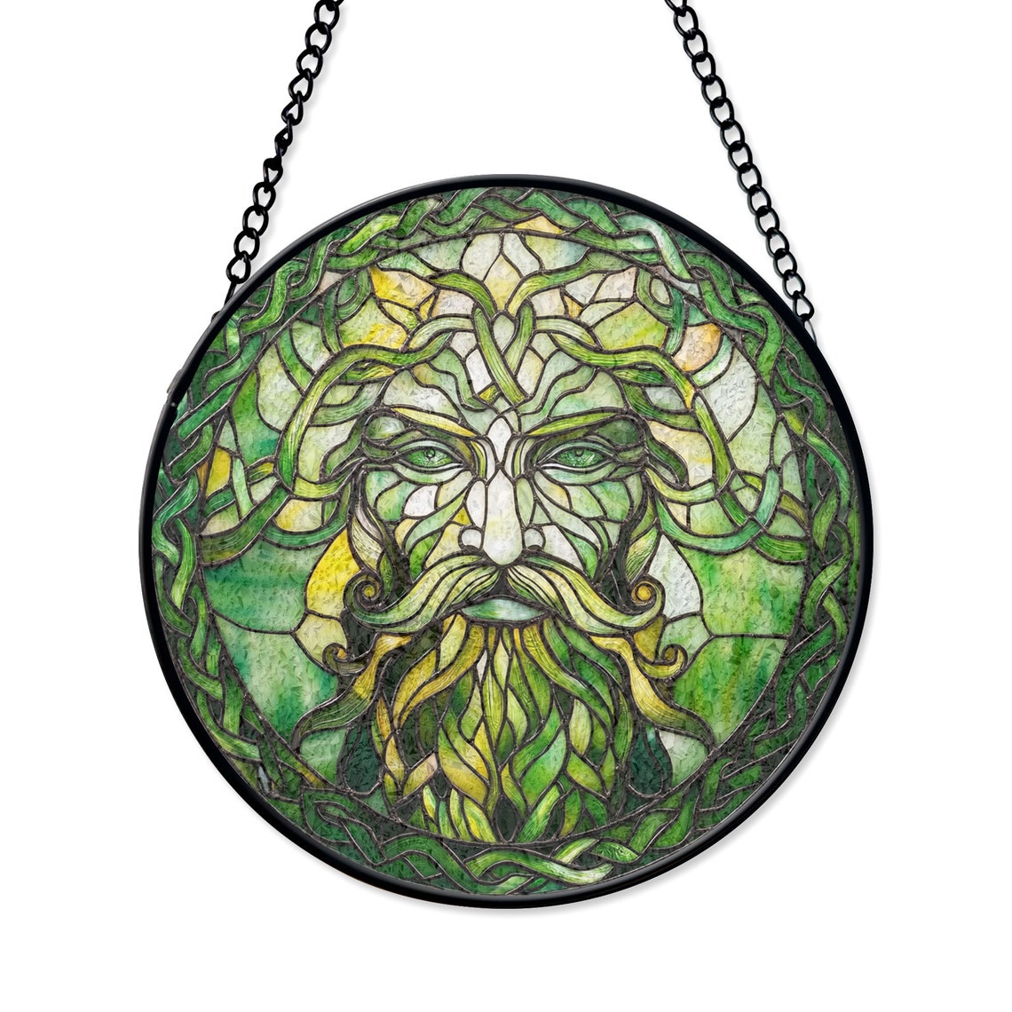 Green Man Stained Glass Suncatcher – Celtic Nature-Inspired Window Decor