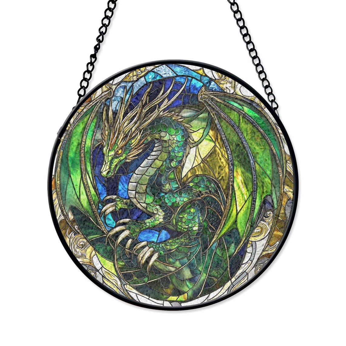 Emerald Dragon Stained Glass Window Panel