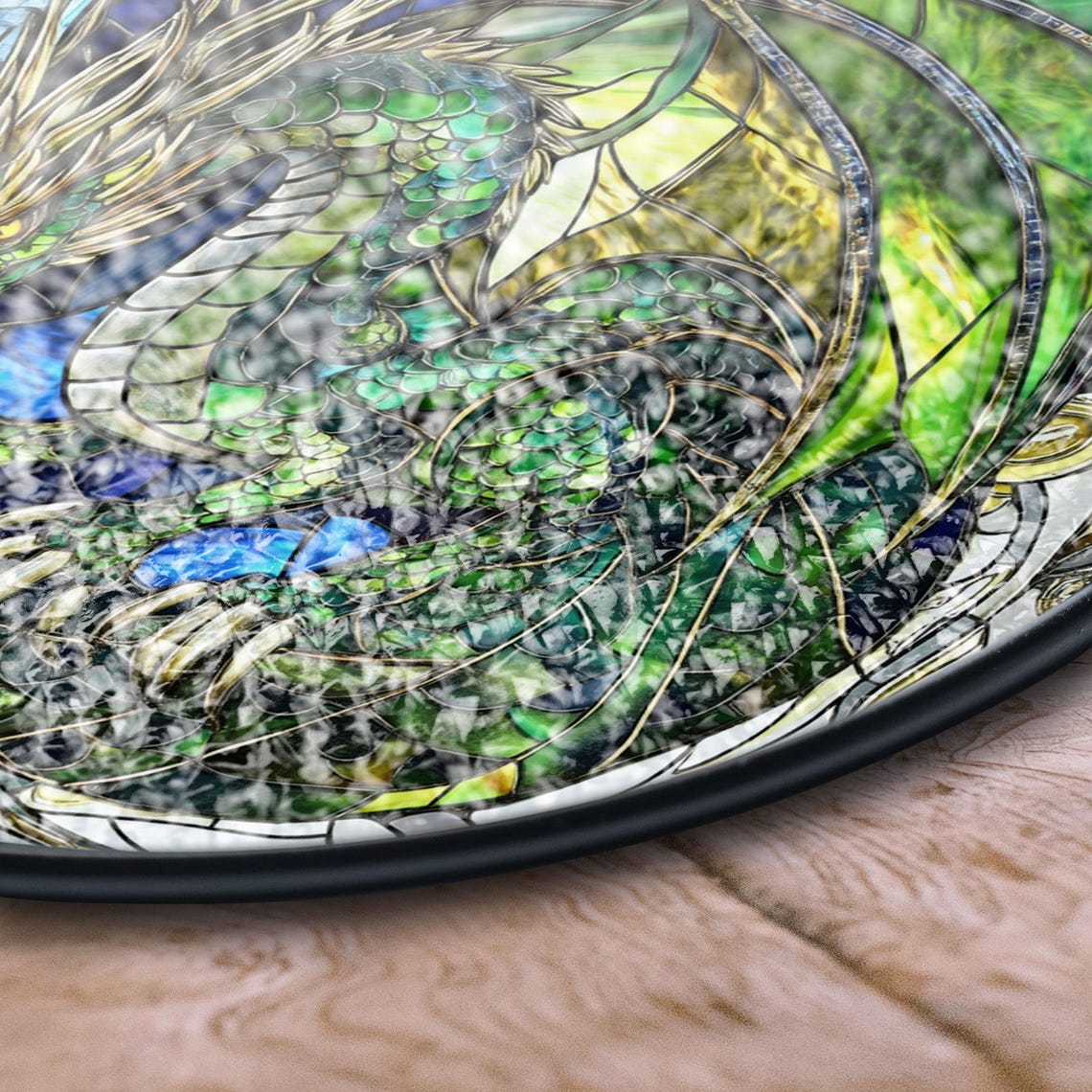 Emerald Dragon Stained Glass Window Panel