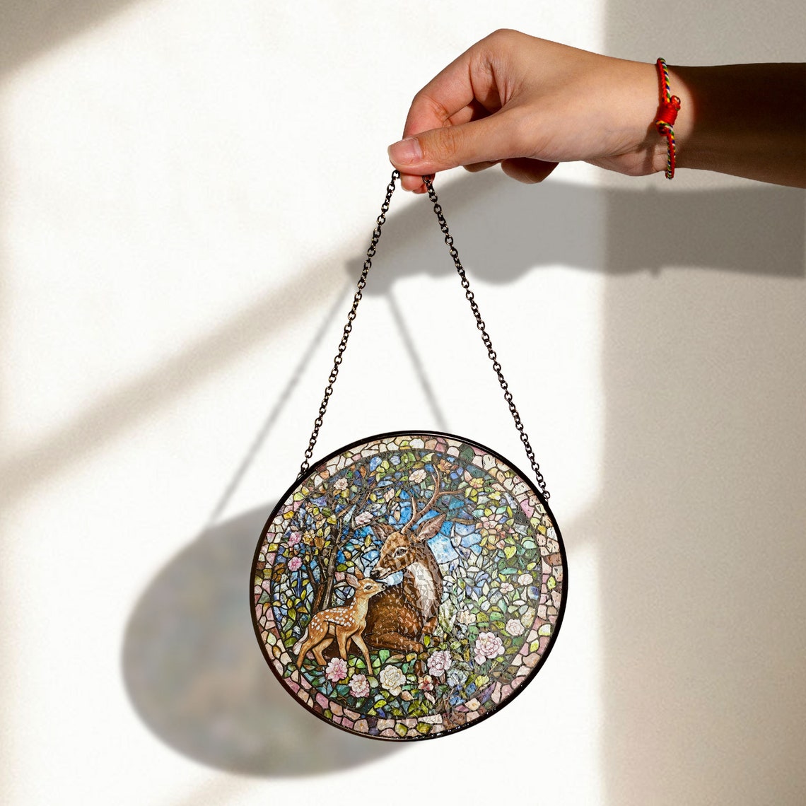 Deer and Fawn Stained Glass Suncatcher – Woodland Animal Window Decor