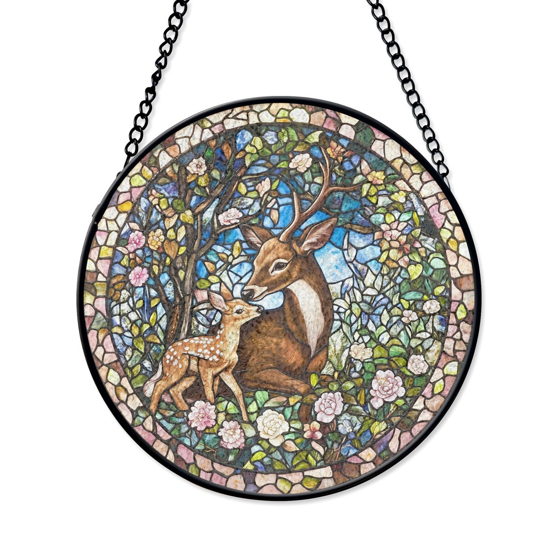 Deer and Fawn Stained Glass Suncatcher – Woodland Animal Window Decor