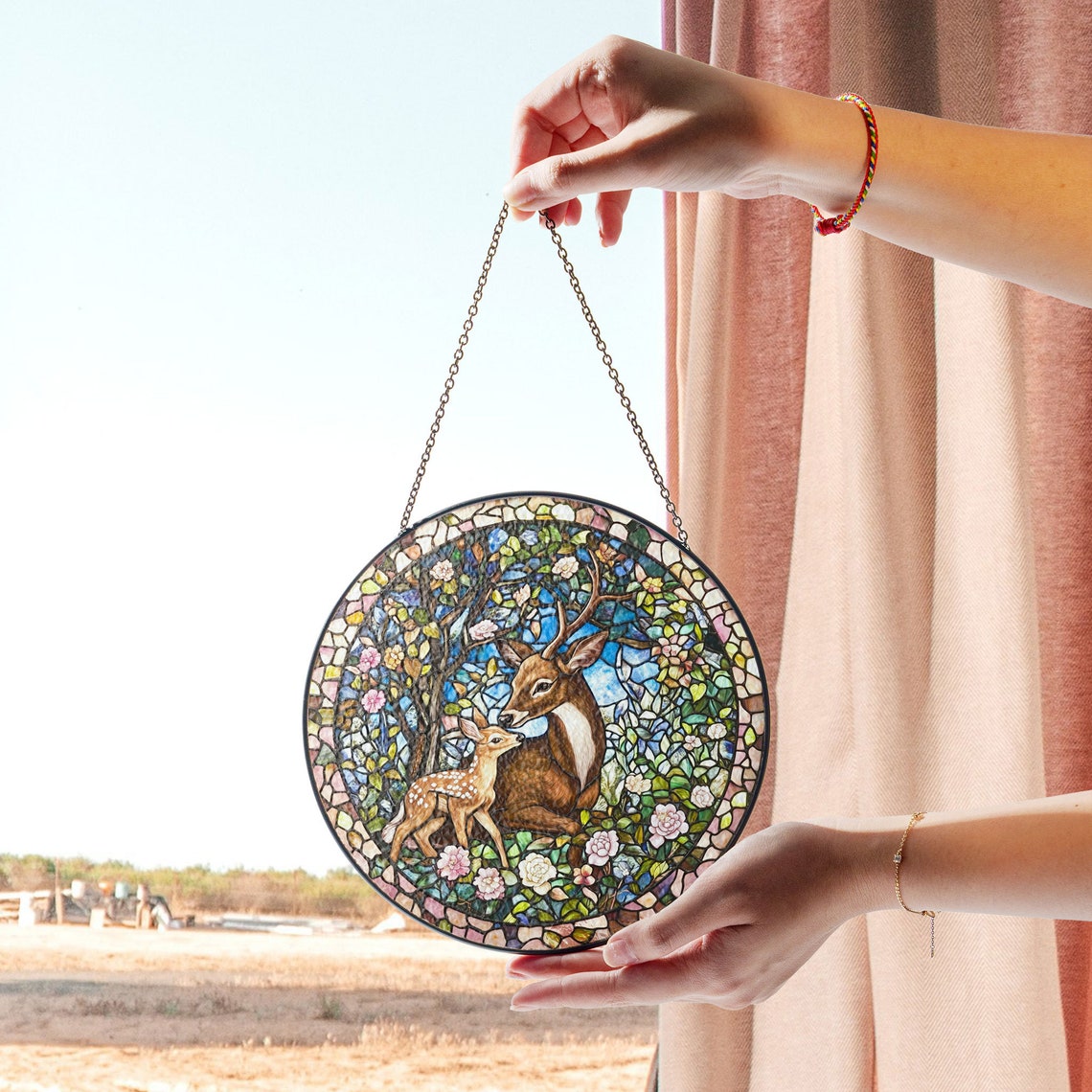 Deer and Fawn Stained Glass Suncatcher – Woodland Animal Window Decor