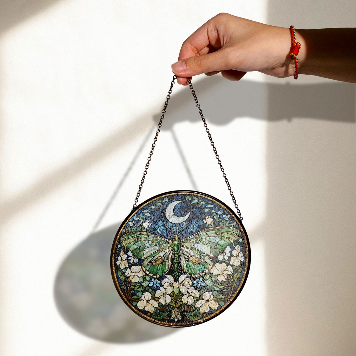 Luna Moth Stained Glass Suncatcher – Celestial Moon Garden Window Art