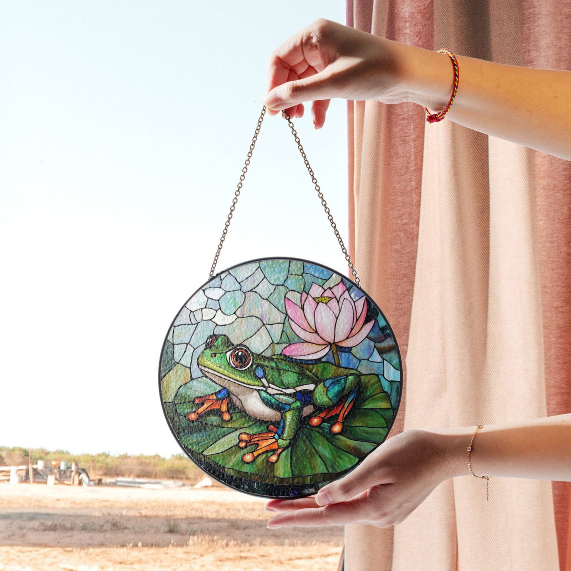 Frog and Lotus Stained Glass Suncatcher – Nature-Inspired Window Art