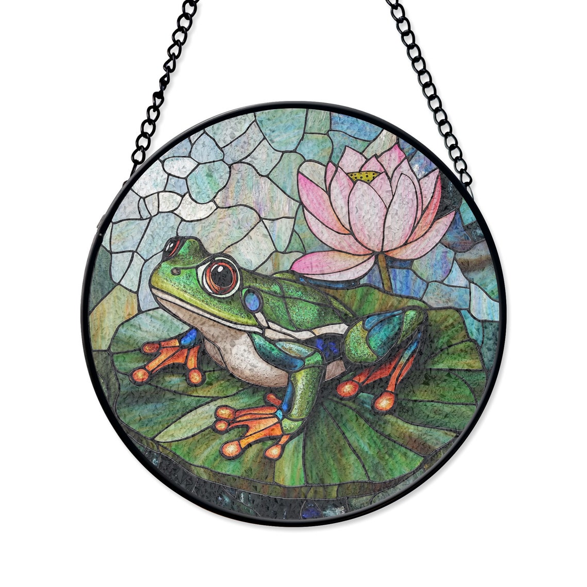 Frog and Lotus Stained Glass Suncatcher – Nature-Inspired Window Art