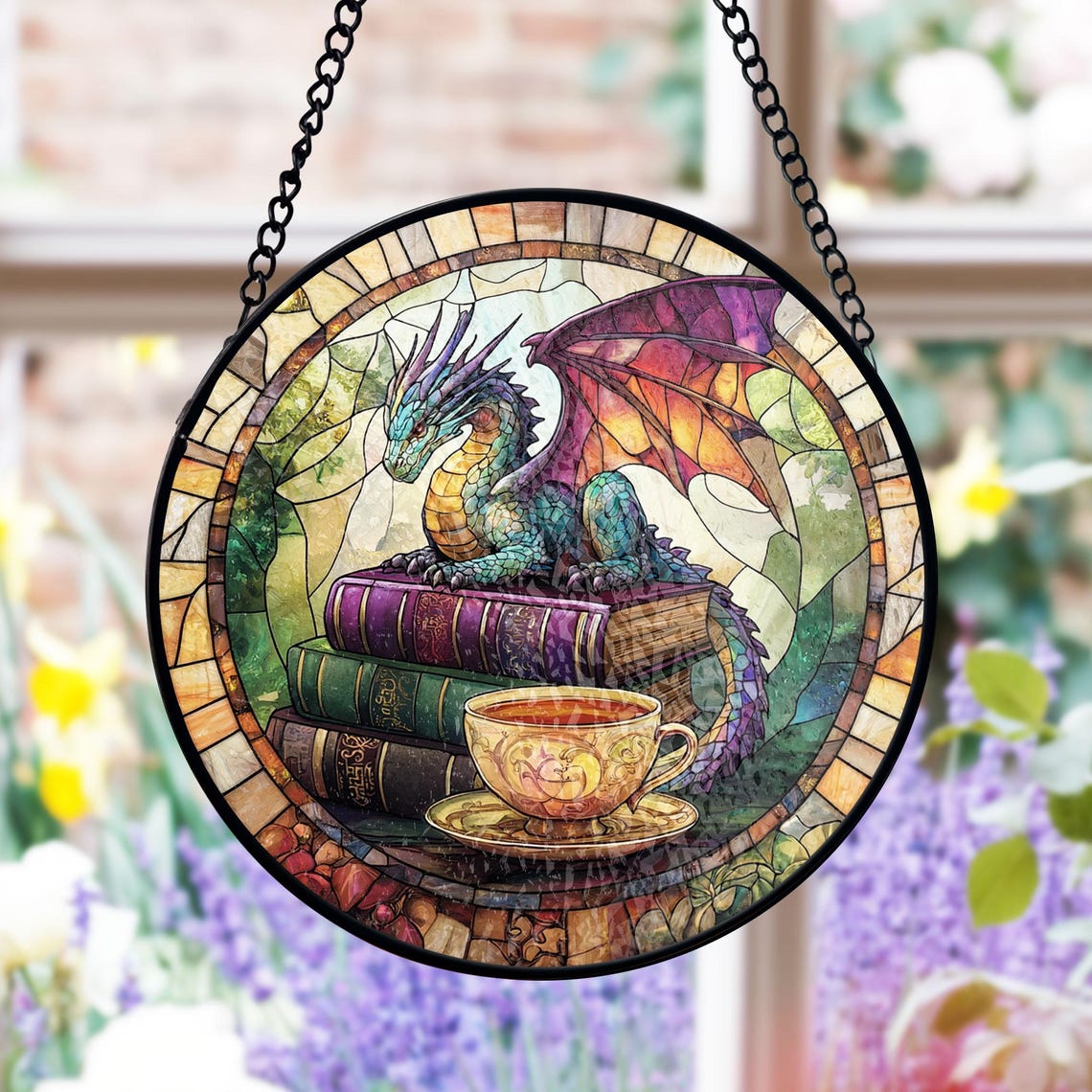 Dragon Stained Glass Suncatcher – Fantasy Book Lover Window Art