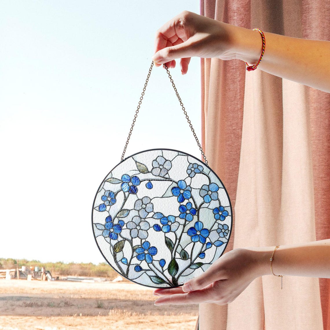 Forget?Me?Not Stained Glass Suncatcher – Blue Floral Window Hanging