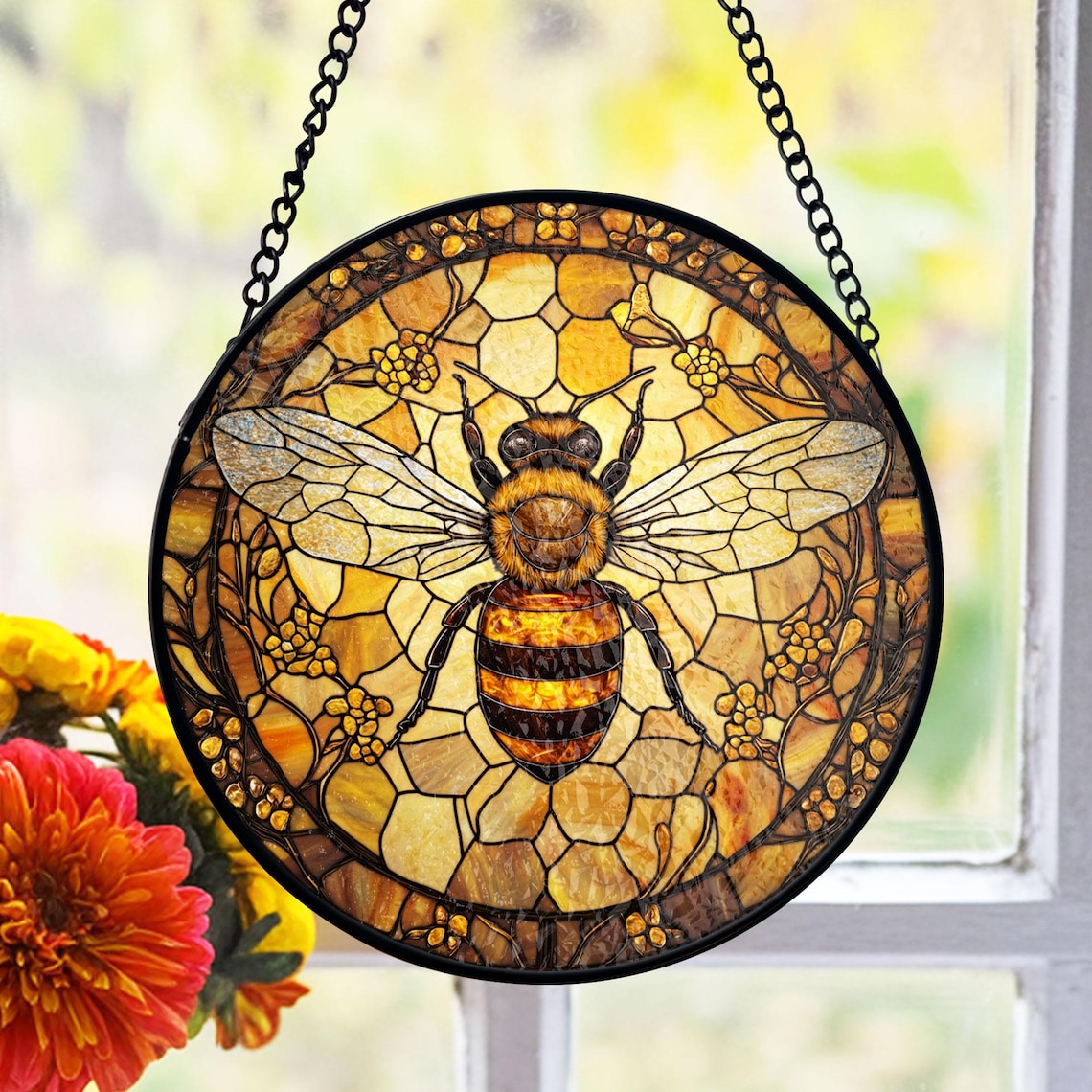 Bee Stained Glass Suncatcher – Honeycomb Window Art for Garden Lovers