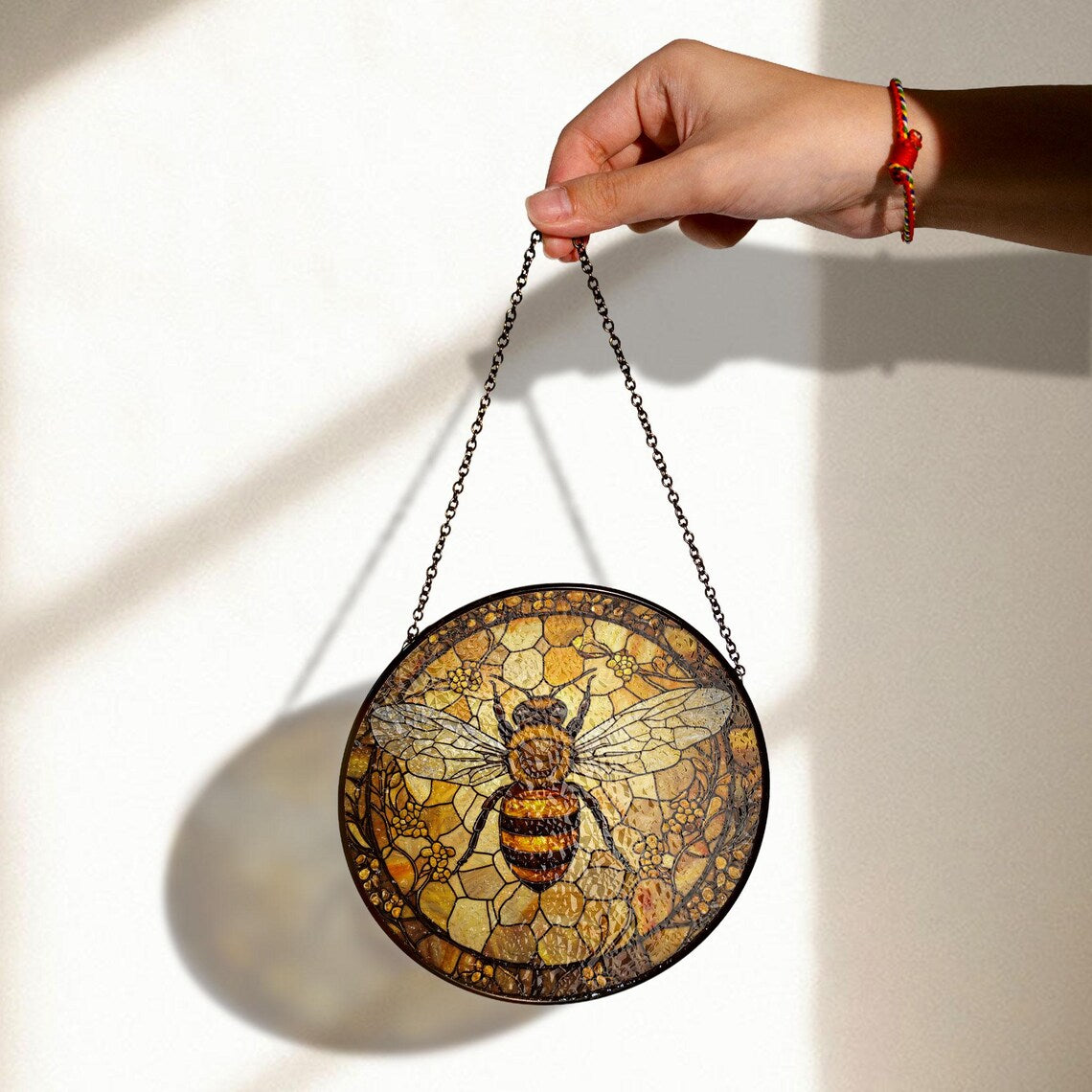 Bee Stained Glass Suncatcher – Honeycomb Window Art for Garden Lovers