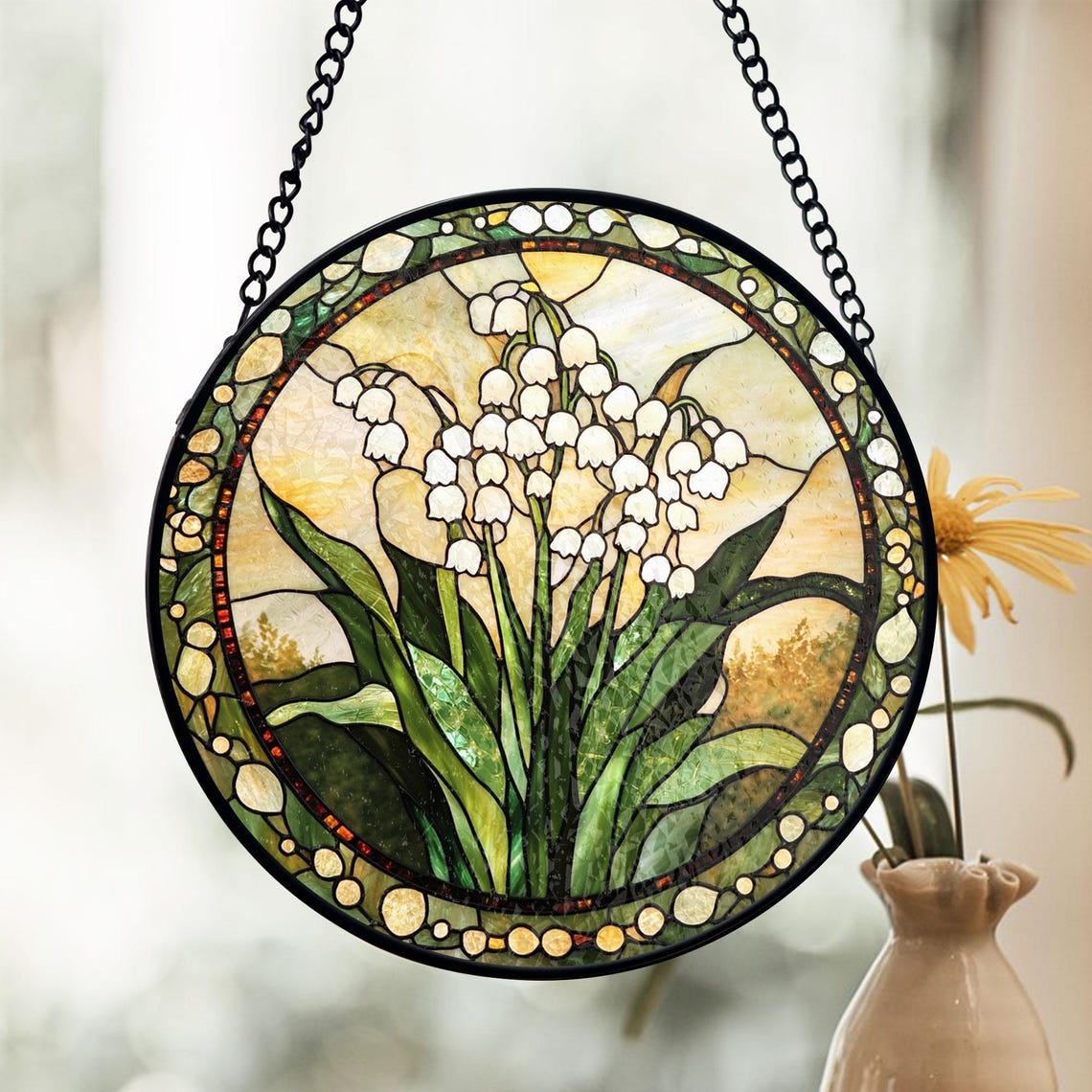 Lily of the Valley Stained Glass Suncatcher – Elegant Botanical Window Art
