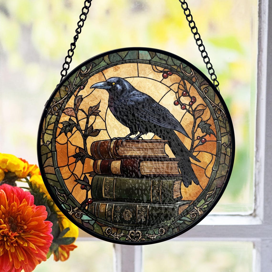 Raven Stained Glass Suncatcher – Dark Book Stack Gothic Academia