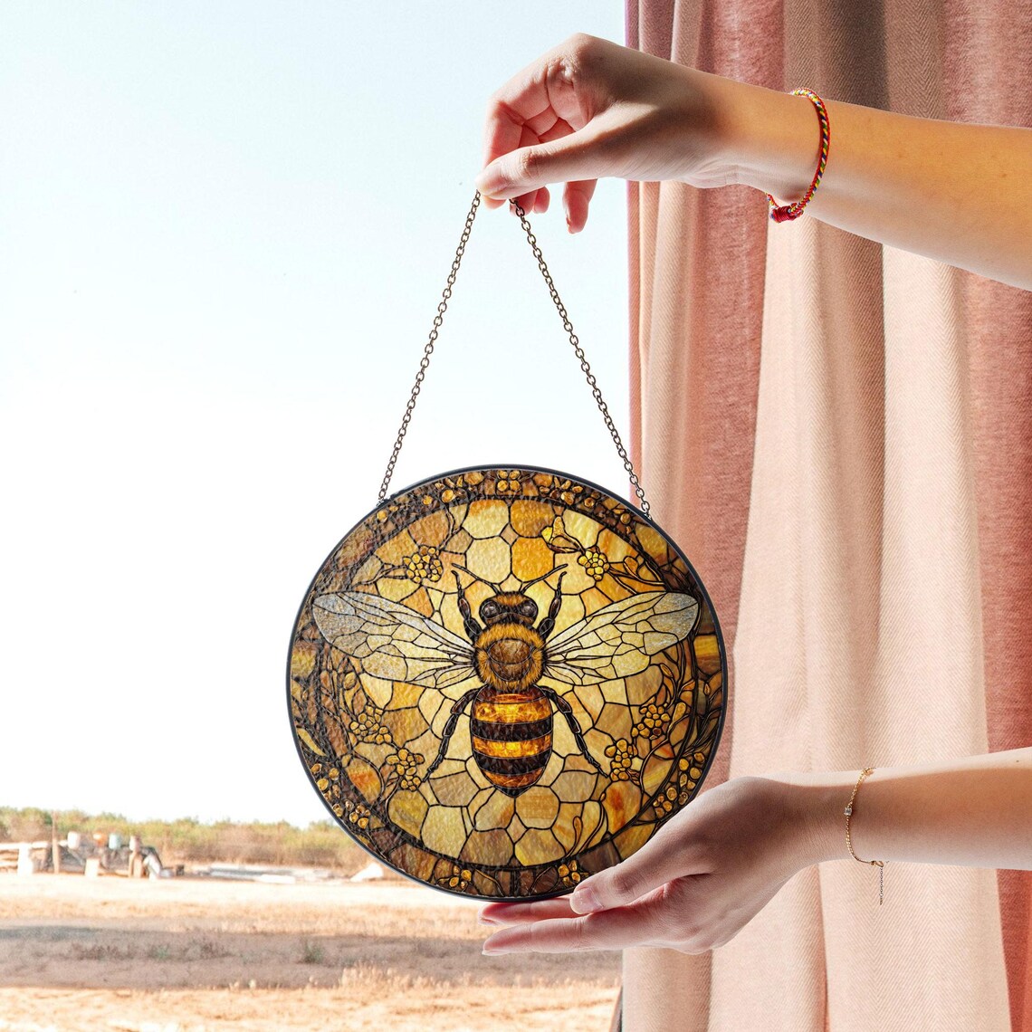 Bee Stained Glass Suncatcher – Honeycomb Window Art for Garden Lovers