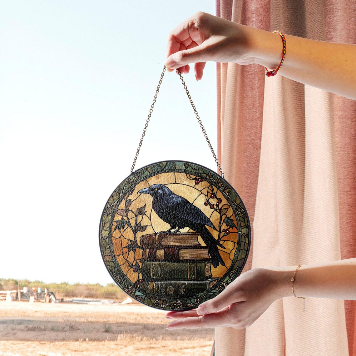 Raven Stained Glass Suncatcher – Dark Book Stack Gothic Academia