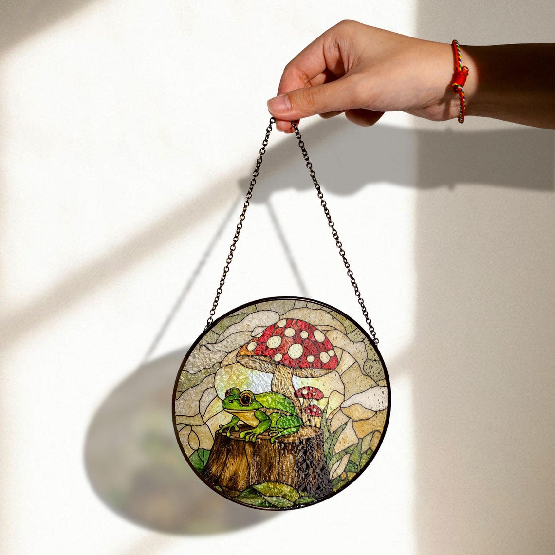Frog and Mushroom Stained Glass Suncatcher – Whimsical Forest Window Decor