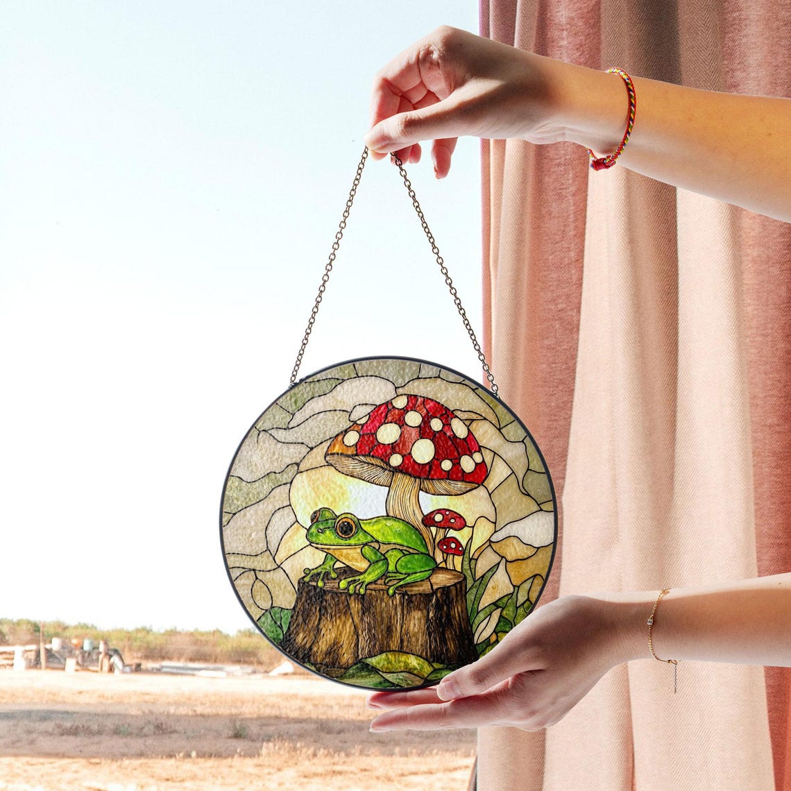 Frog and Mushroom Stained Glass Suncatcher – Whimsical Forest Window Decor