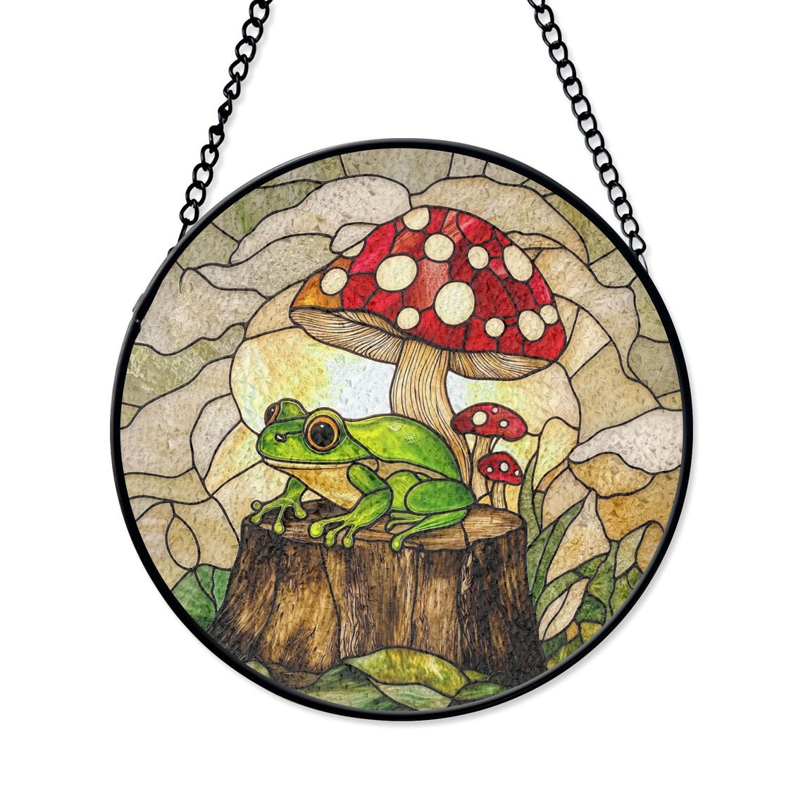Frog and Mushroom Stained Glass Suncatcher – Whimsical Forest Window Decor