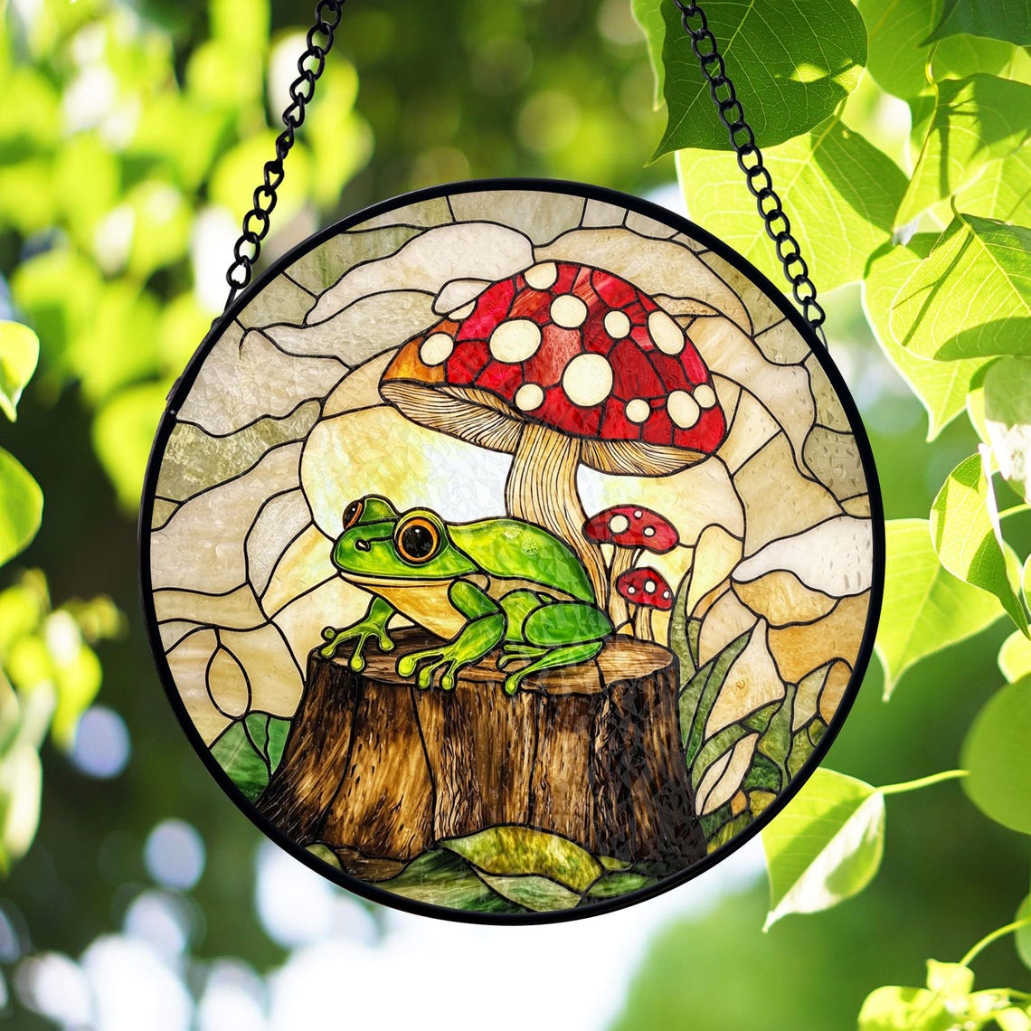 Frog and Mushroom Stained Glass Suncatcher – Whimsical Forest Window Decor