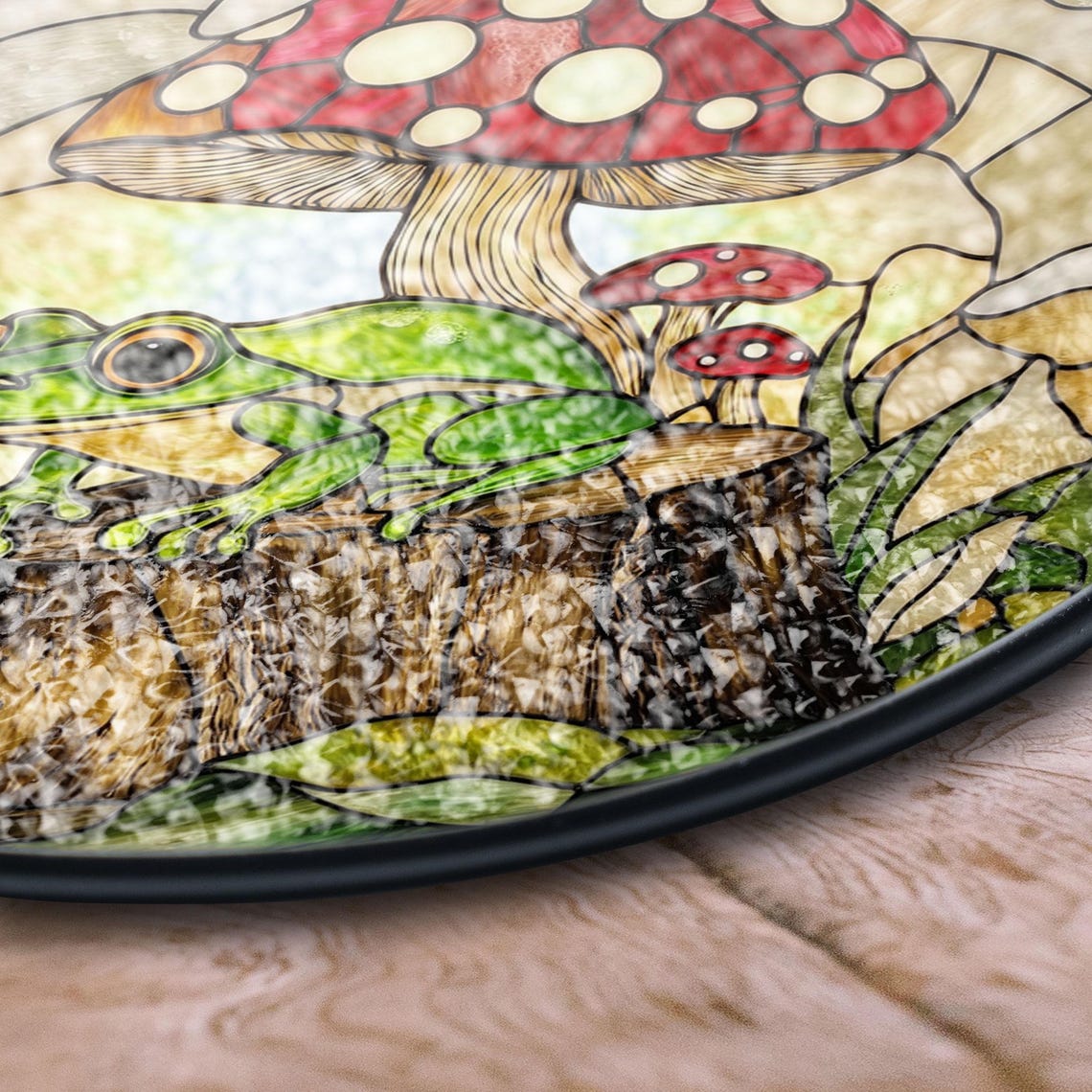 Frog and Mushroom Stained Glass Suncatcher – Whimsical Forest Window Decor