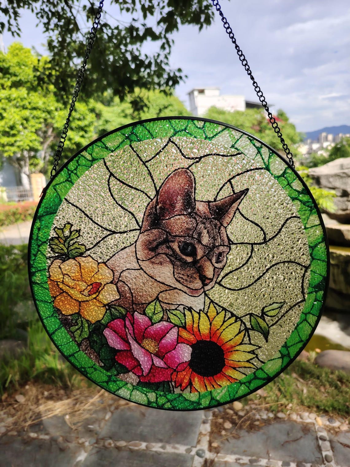 Custom Pet Portrait Stained Glass Suncatcher – Personalized Dog or Cat Window Art