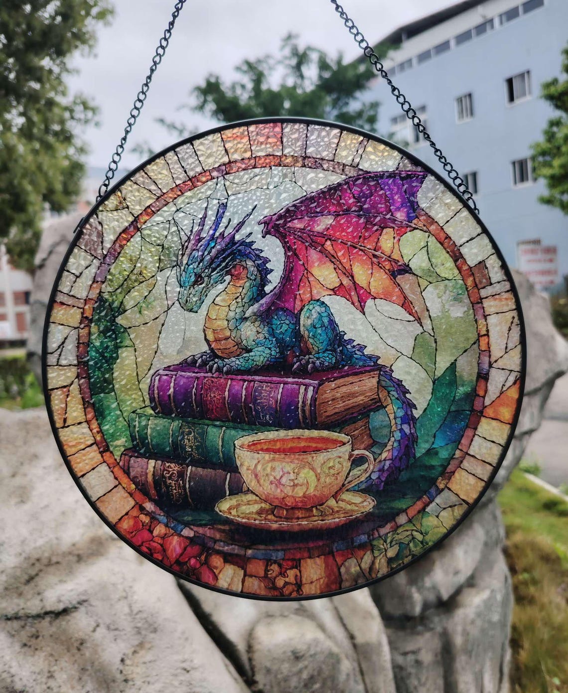 Dragon Stained Glass Suncatcher – Book Lover Decor