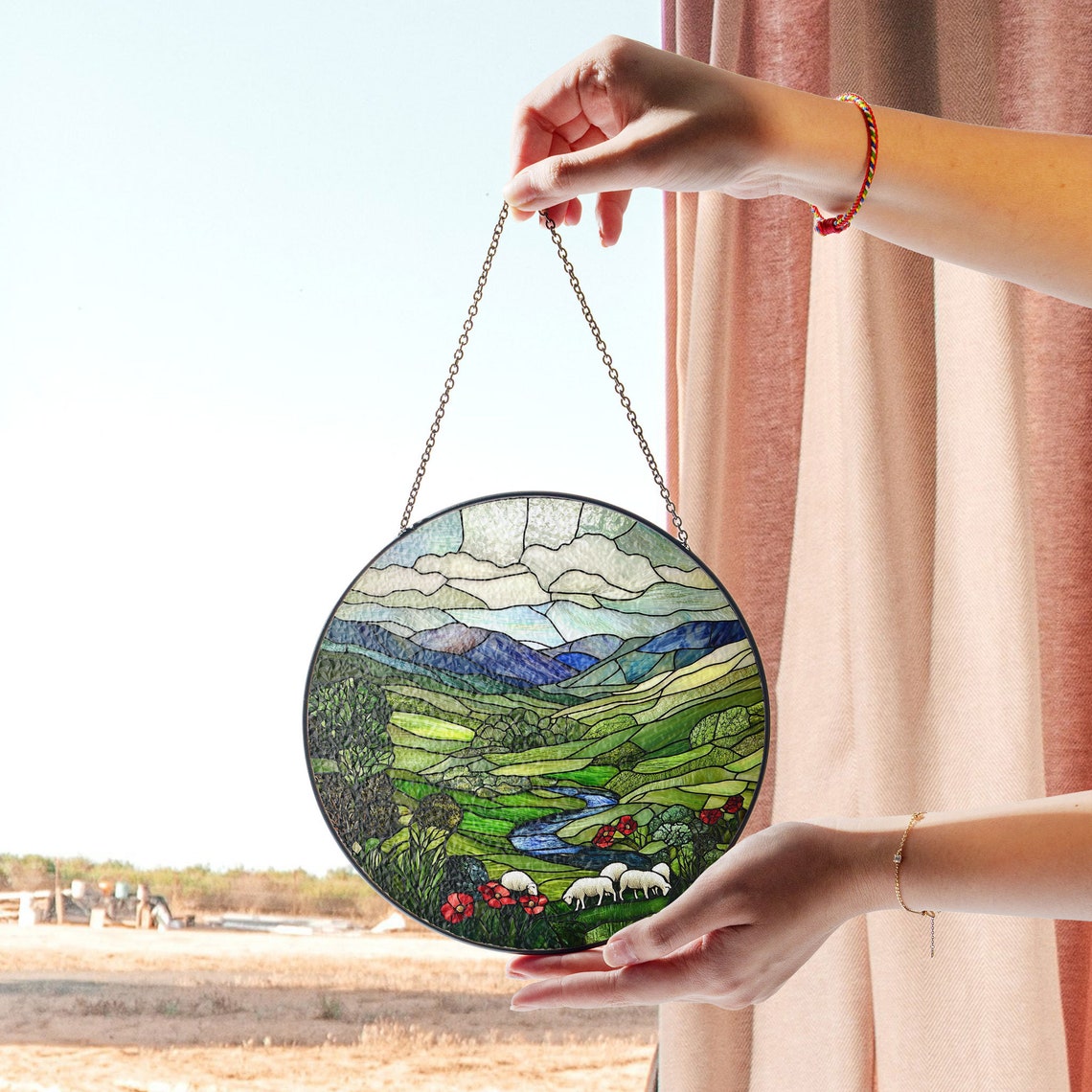 Green Irish Hills Stained Glass Suncatcher