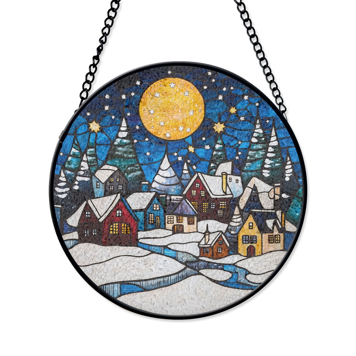 Winter Landscape Stained Glass Suncatcher – Nature Ornament for Cozy Windows