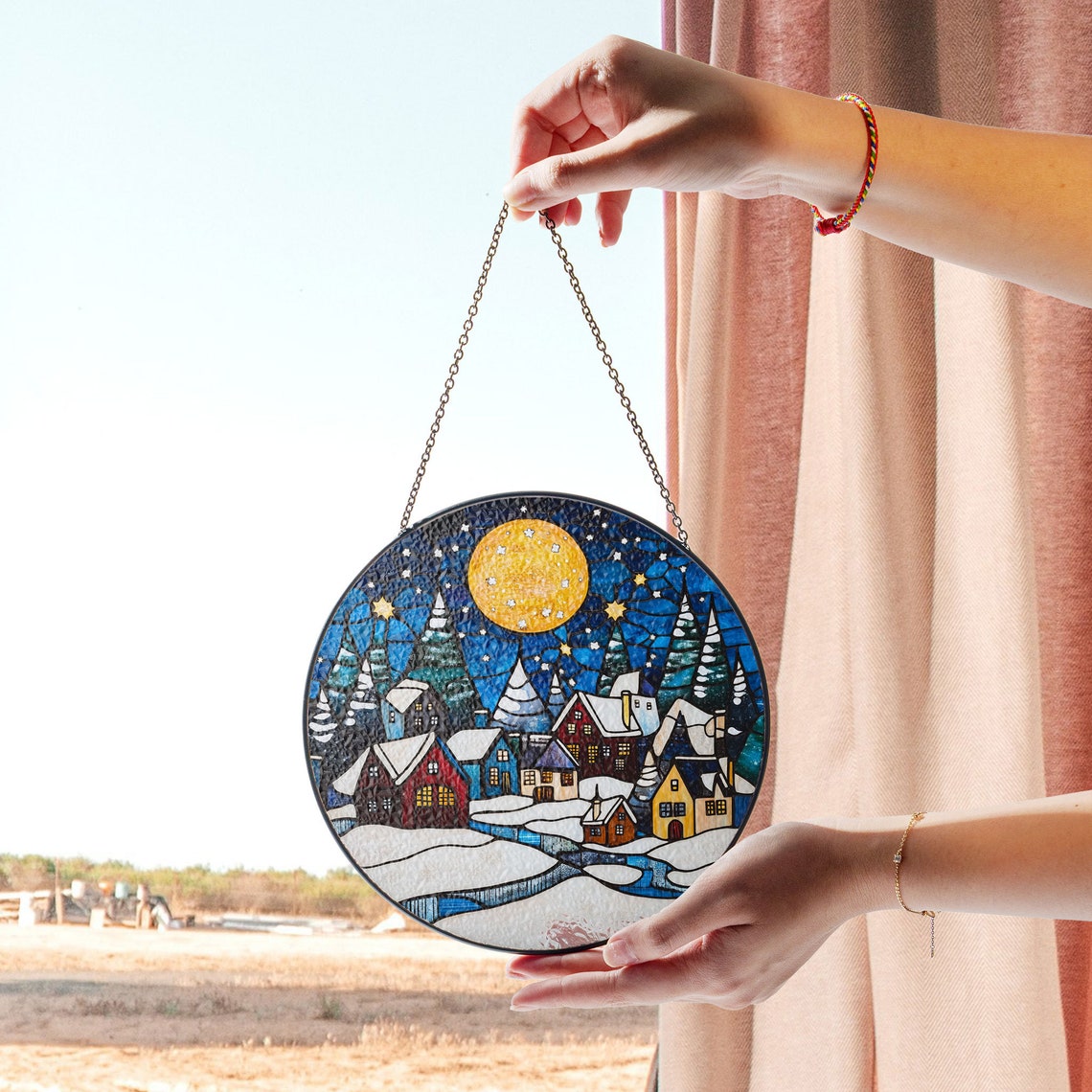 Winter Landscape Stained Glass Suncatcher – Nature Ornament for Cozy Windows