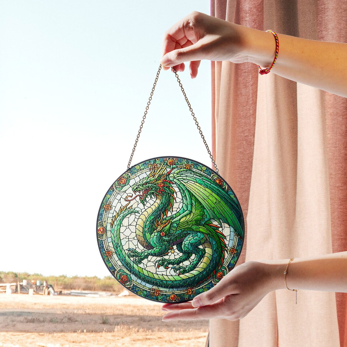Majestic Green Dragon Stained Glass Art – Fantasy Window Decor