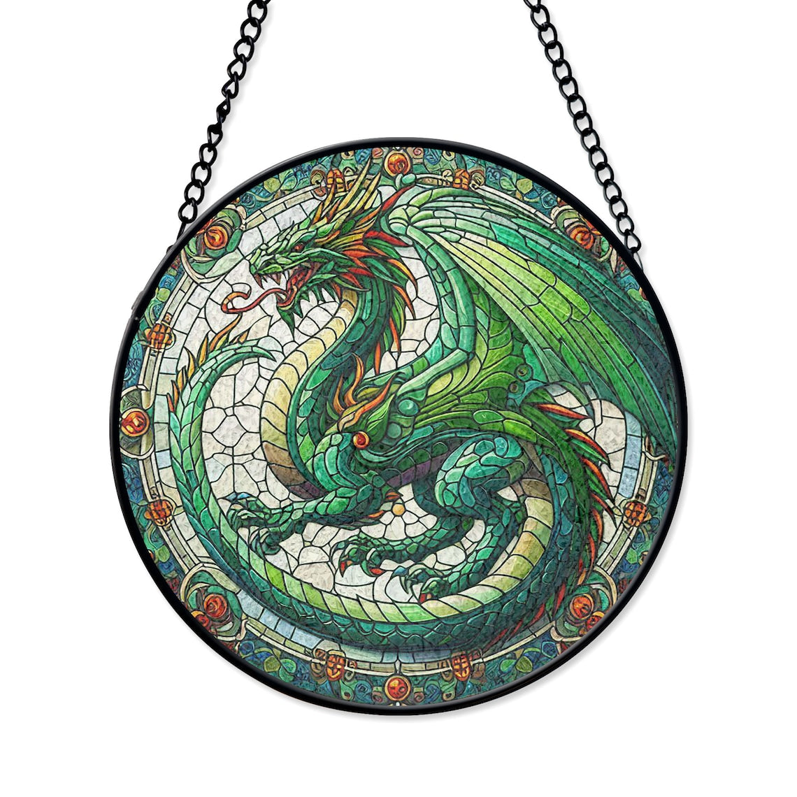 Majestic Green Dragon Stained Glass Art – Fantasy Window Decor