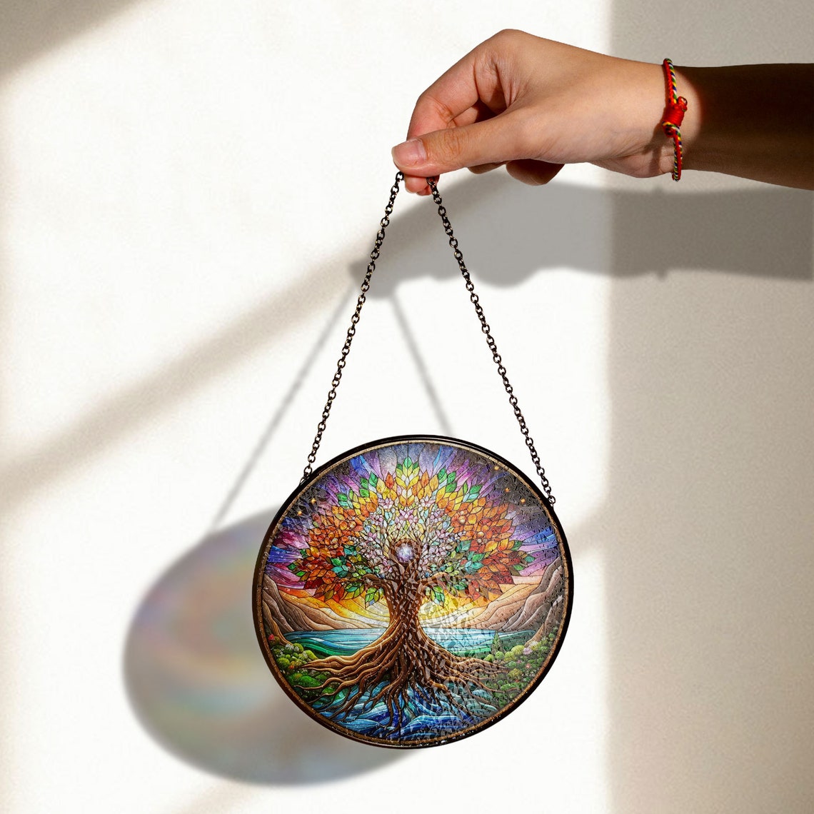 Vibrant Tree of Life Stained Glass Art – Colorful Nature Window Decor