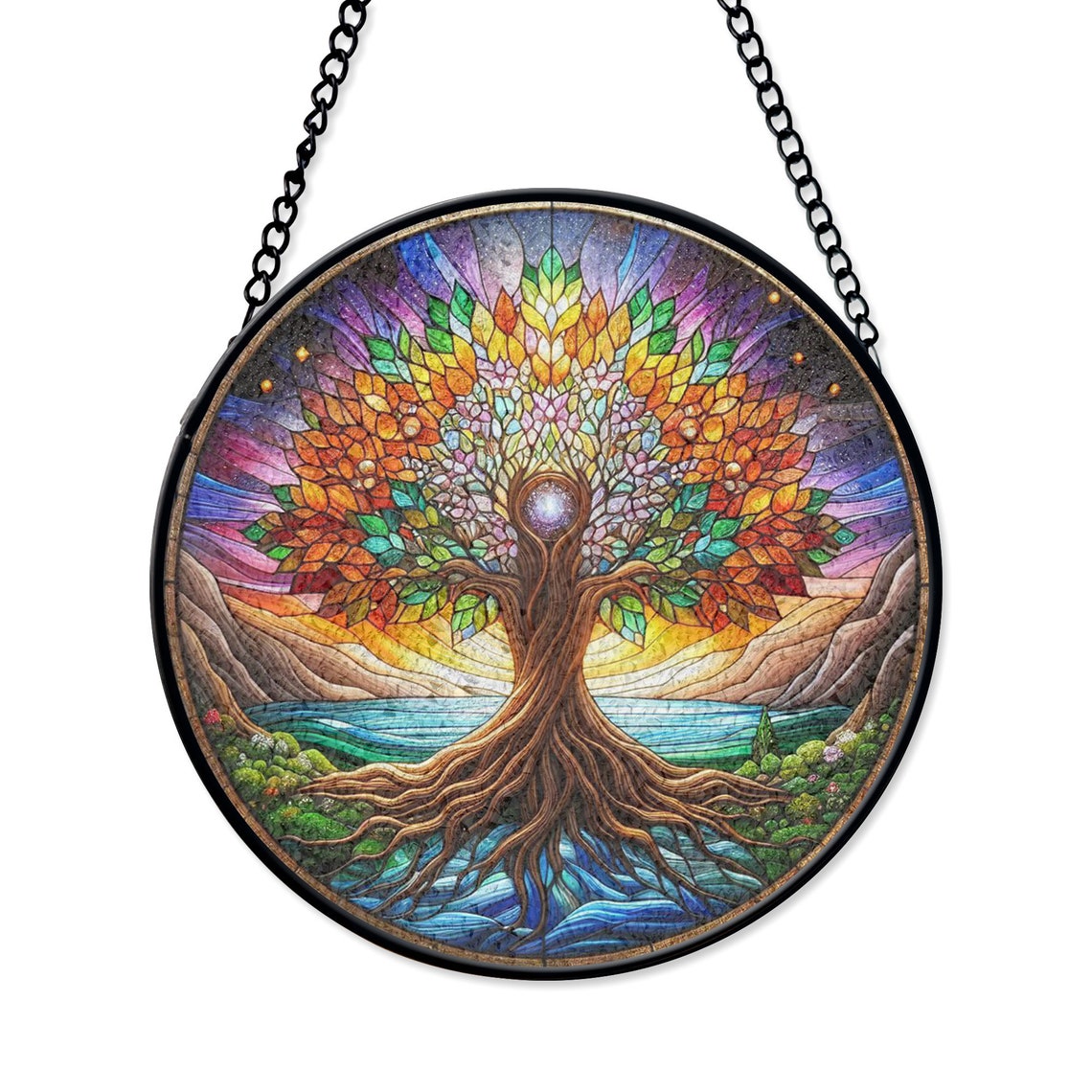 Vibrant Tree of Life Stained Glass Art – Colorful Nature Window Decor
