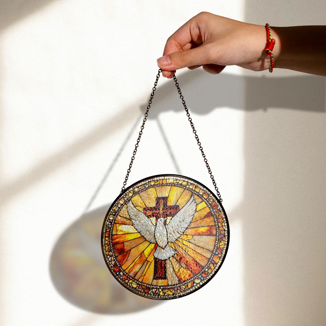 Holy Spirit Stained Glass Suncatcher – Cross & Dove