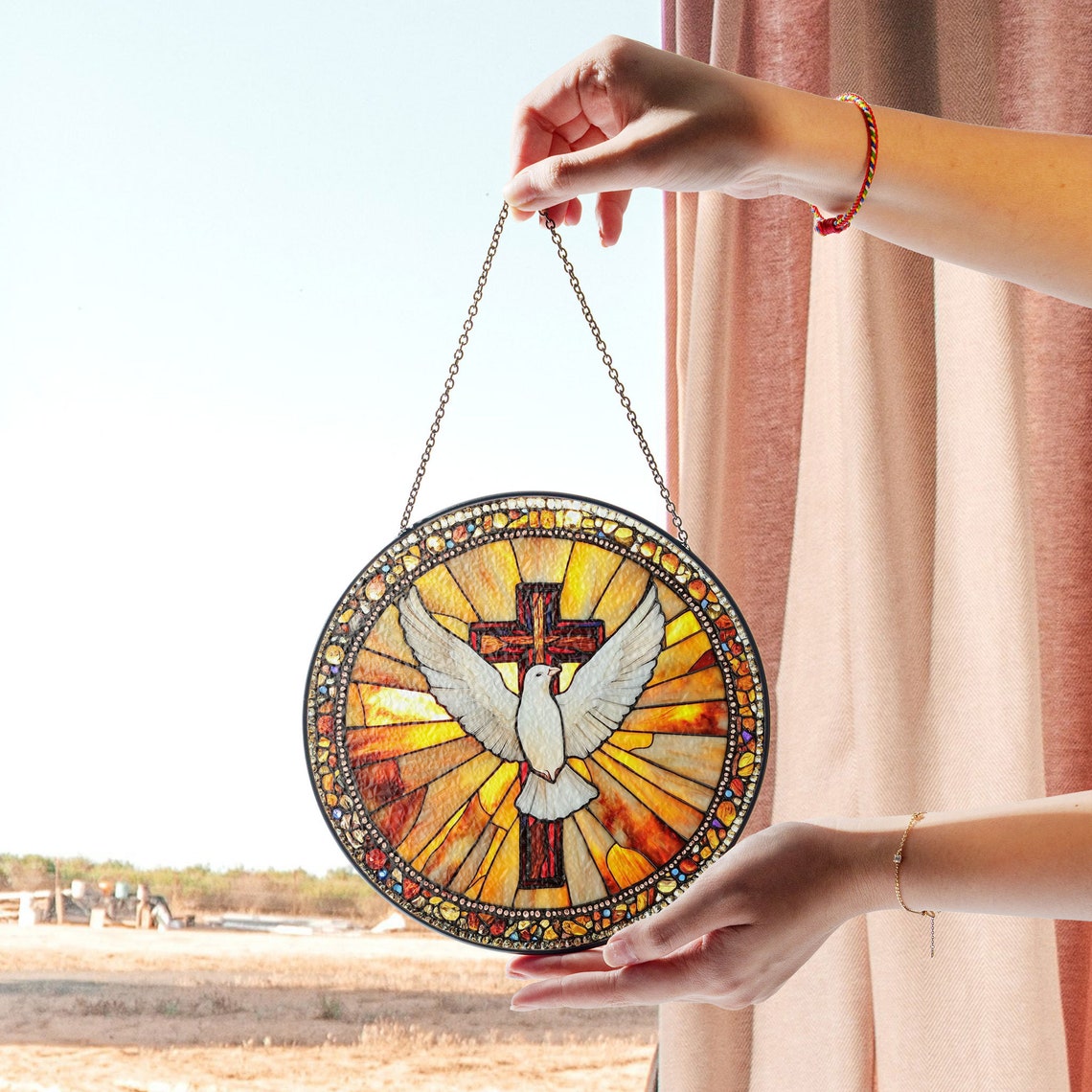 Holy Spirit Stained Glass Suncatcher – Cross & Dove
