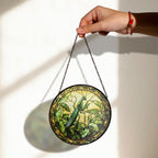 Praying Mantis Stained Glass Window Hanging – Detailed Nature Art with Green Leaves