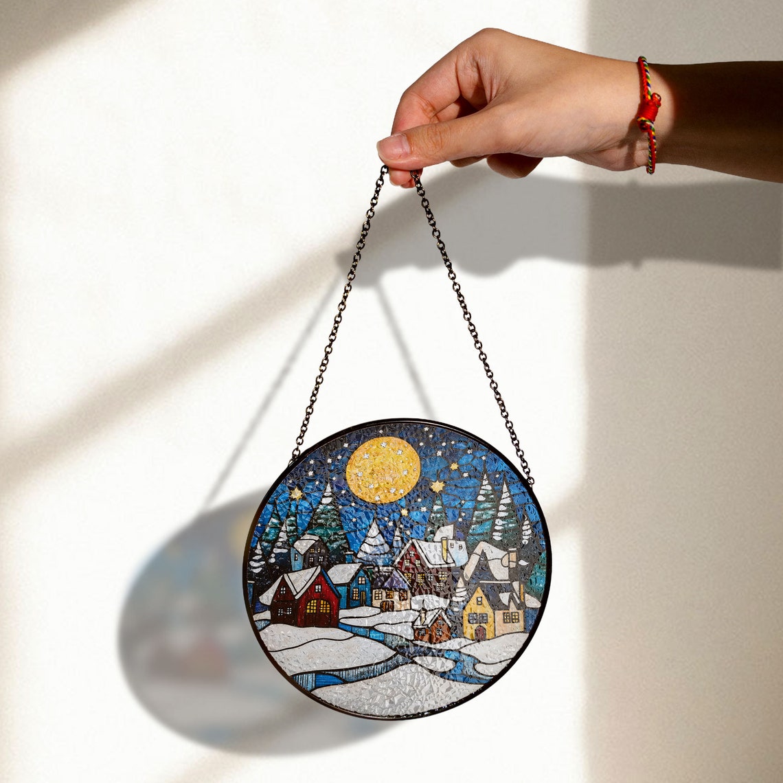 Winter Landscape Stained Glass Suncatcher – Nature Ornament for Cozy Windows