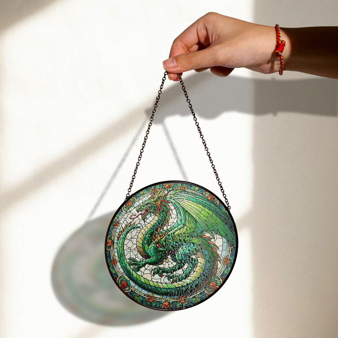 Majestic Green Dragon Stained Glass Art – Fantasy Window Decor