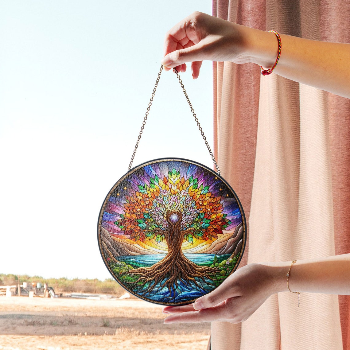 Vibrant Tree of Life Stained Glass Art – Colorful Nature Window Decor