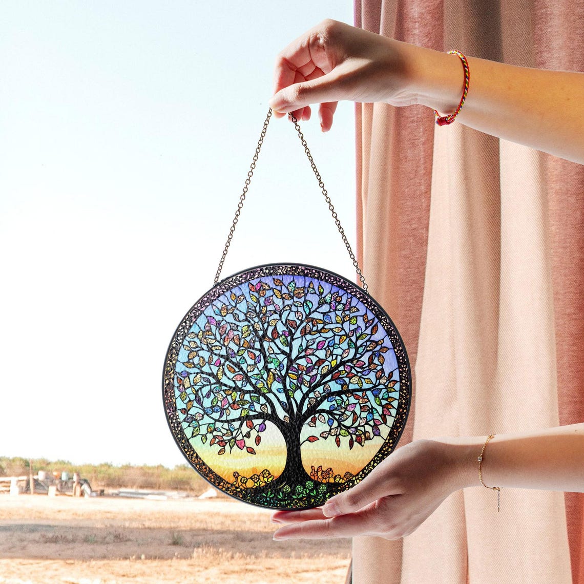 Tree of Life Stained Glass Window Hanging – Multicolored Leaves & Sunset