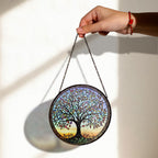 Tree of Life Stained Glass Window Hanging – Multicolored Leaves & Sunset