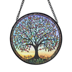Tree of Life Stained Glass Window Hanging – Multicolored Leaves & Sunset