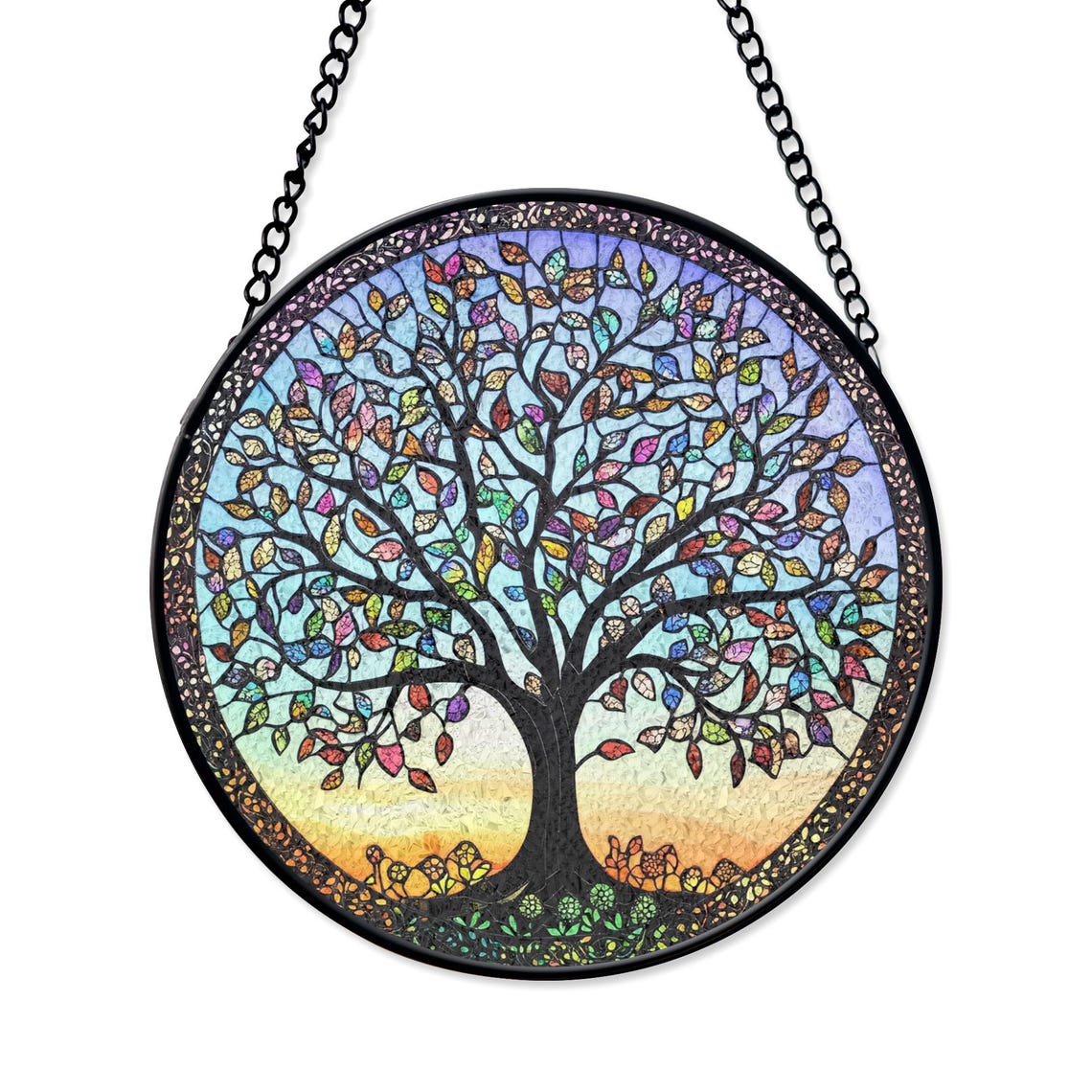 Tree of Life Stained Glass Window Hanging – Multicolored Leaves & Sunset