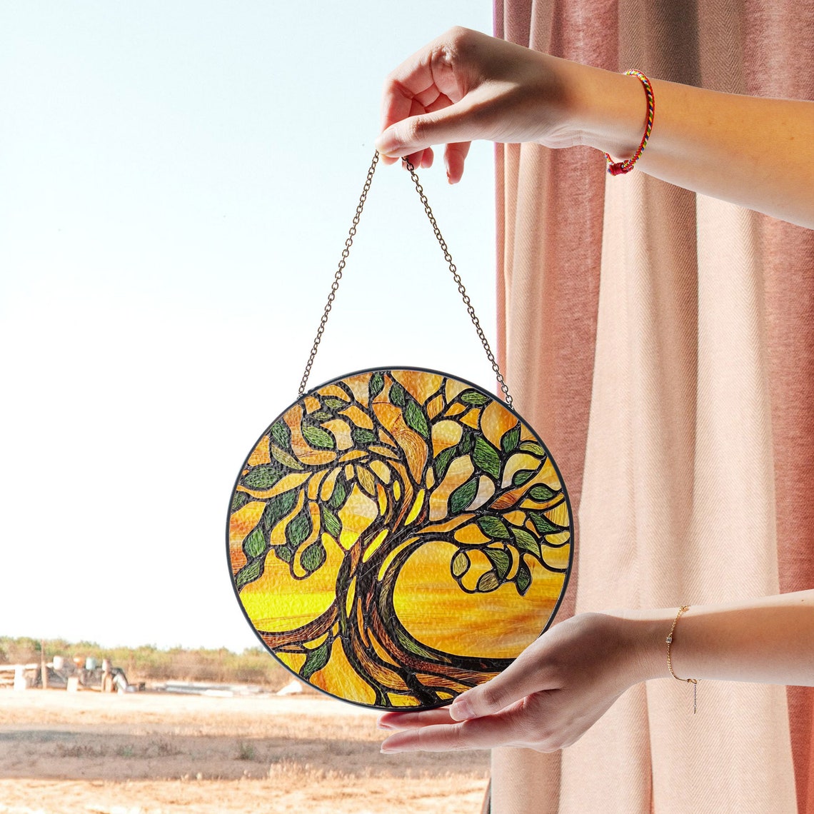 Tree of Life Stained Glass Suncatcher – Vibrant Sunset Window Art