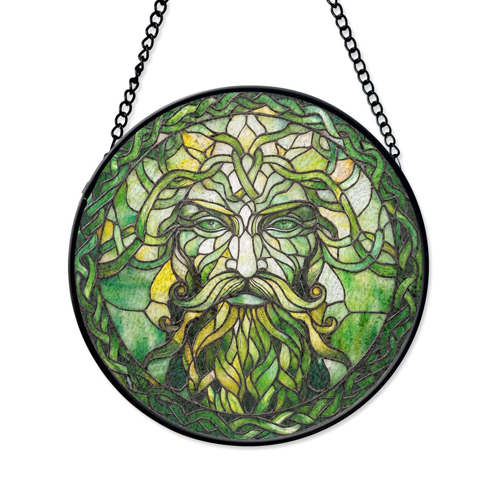Green Man Stained Glass Suncatcher – Celtic Nature-Inspired Window Decor